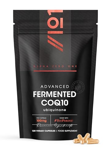 Fermented CoQ10 100mg – 120 Vegan Capsules – USP Grade Ubiquinone with BioPerine® Enhanced Absorption – Naturally Fermented Co Enzyme Q10 – by Alpha01