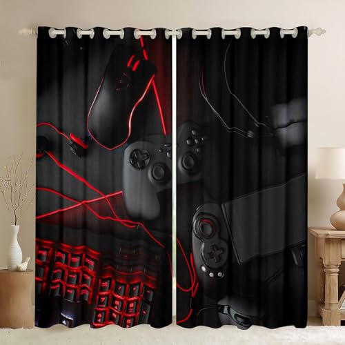 Feelyou Gaming Curtains for Bedroom Teens Boys Headphones Mouse Keyboard Curtain Kids Black Red Gamer Thermal Window Drapes Console Video Game Window Draperies 38W x 54L Inches 2 Panels