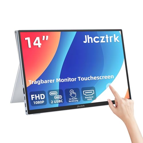 Jhcztrk 14 Zoll tragbarer Monitor Touchscreen Full HD 1200P Metallrahmen HDMI USB C kompakter Touch Monitor mit Cover Stand und Lautsprechern für Laptop PC Mac Surface PS4/5 Xbox
