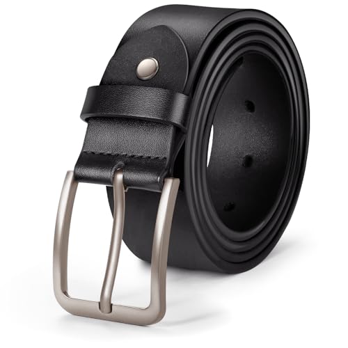 J.Fée 1Pc Gürtel Herren Schwarz, Ledergürtel,36mm Breite,Herren Gürtel mit Quadratischer, Gebürsteter Dornschließe in Silber, Herrengürtel Leder Schwarz, Geschenke für Männer, 130CM