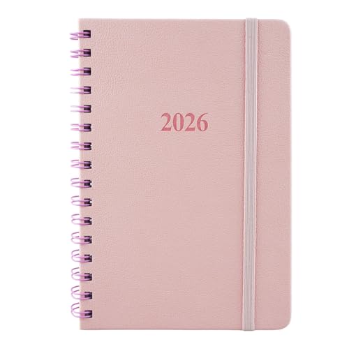 2026 A5 Wochenplaner (Woche pro Sicht) Schwarz Spiralbindung PU-Umschlag Elastikband 1 Woche auf 2 Seiten ganzjährig abgedeckt vielseitiger Terminplaner (Pink)