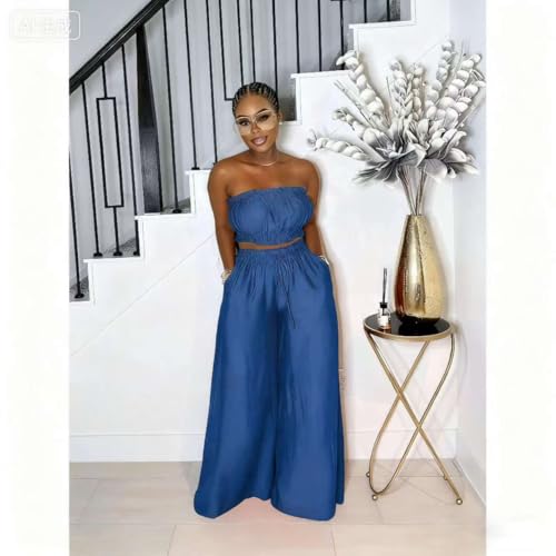 Image of Two Piece Sets for Women Summer Outfits Crop Tops and Wide Leg Pants Sets Sexy Jumpsuits Vacation Outfits with Pockets
