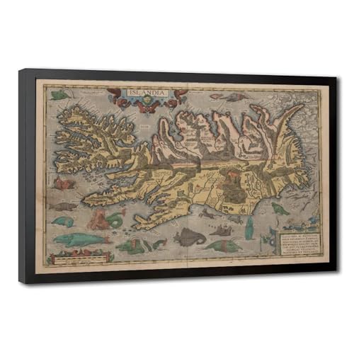 Carte de l'Islande décoration murale vintage avec créatures marines mystiques