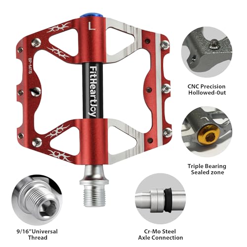 Image of Mountain Bike Pedals, MTB Pedal with 3 Sealed Bearings, 9 /16 inch, CNC Aluminum Flat Bicycle Accessories with Anti-Slip Pins for Mountain Road Bike (Red /Black /Blue /Grey)