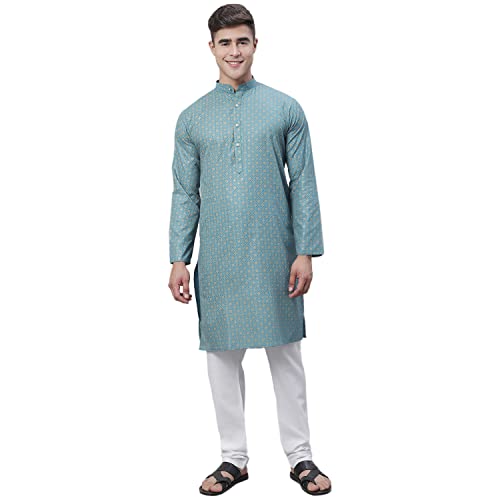 Image of SOJANYA (Since 1958 Men's Cotton Linen Blue Foil Printed Kurta and White Pyjama Set