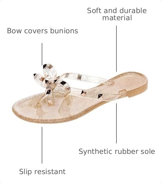 Image of Studded Jelly Shoes for Womens Bow Flip Flops Jellies Sandals Flat Black Summer Beach Thong with Rivets Strappy Slides Slip On