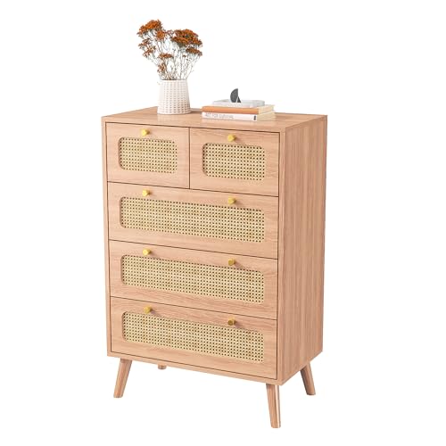 Cajonera con 5 cajones de 60 cm, cómoda de ratán cajones, armario de almacenamiento con patas de madera, 60 x 34 x 91 cm, para dormitorio, salón o pasillo (5 cajones)