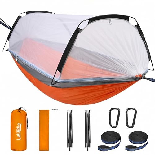 Lulladle Camping Hammock - 500lbs Capacity Portable Hammock with 2 Tree Straps and with Mosquito Net Nylon Hanging Hammock Easy Setup and Pack for Outdoors Camping Backpacking Hiking - Double/Single