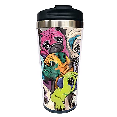 Chilltreads Pugs Travel Coffee Mug, Insulated Stainless Steel Tumbler Cup with Flip Lid for Men Women, 15oz