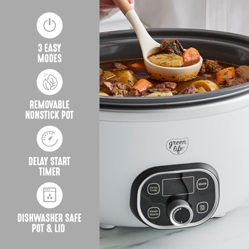 Image of GreenLife 8QT Slow Cooker, Non-Toxic PFAS-Free Ceramic Nonstick Removable Interior Bowl, Programmable, Family Friendly, Keep Warm, Stovetop & Oven Safe, Dishwasher Safe Crock, Timer, Glass Lid, White