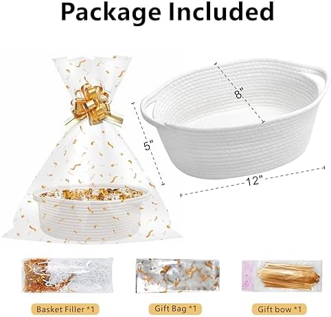 SUNCOLOR Small Woven Gift Basket Set with Cut Paper Shred Filler, Pull Bow & Cellophane Bag, 12x8x5 Inch Durable Cotton Rope Storage Basket for Easter, Baby Shower, Birthday - 1
