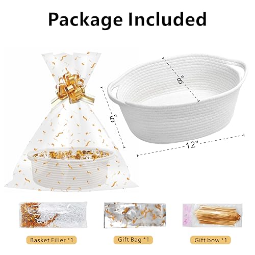 SUNCOLOR Small Woven Gift Basket Set with Cut Paper Shred Filler, Pull Bow & Cellophane Bag, 12x8x5 Inch Durable Cotton Rope Storage Basket for Easter, Baby Shower, Birthday