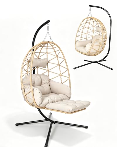 Walnuton Hamaca colgante con estructura, sillón de mimbre para exterior e interior, hasta 150 kg, silla colgante de jardín con cubierta impermeable y lavable para balcón, terraza (gris)