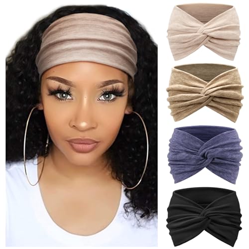 Image of DRESHOW 4 Pack Turban Headbands for Women Wide Vintage Head Wraps Knotted Cute Hair Band Accessories