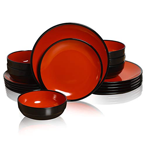 TP Dinnerware Sets Service for 6 Melamine Dinner Plates and Bowls Set 18-Piece Dishes Set Red Black