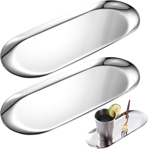 Image of HASTHIP Stainless Steel Bathroom Tray, Oblong Platter with Elegant Mirror Finish, Multipurpose for Appetizers, Snacks, Desserts, Decorative or Dessert Serving Trays, Silver, Pack of 2, 30x12cm