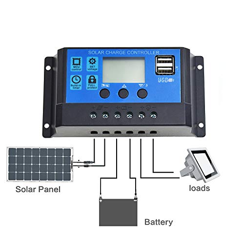 Solar Charger Controller Intelligent solar panel charge controller with LCD display & USB port, overcurrent protection, solar charge regulator for solar panel battery lamp LED lighting (12V-24V 40A)