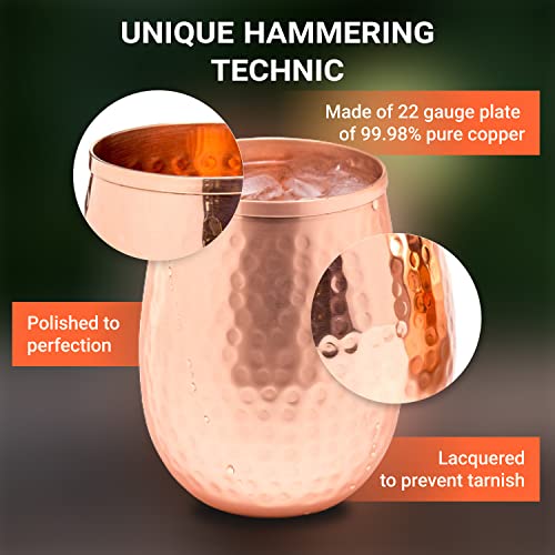 Copper Wine Glasses Set Of 4 – 17Oz Gleaming 100% Solid Hammered Copper Stemless Wine Cups – Valent For Men And Women – Great Copper Tumblers For Red Or White Wine And Moscow Mules. #TOP2