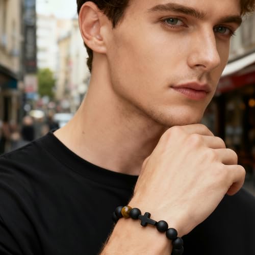 Pulsera de Hombre con Cruz y Cuentas de Piedra Negra miniatura 6