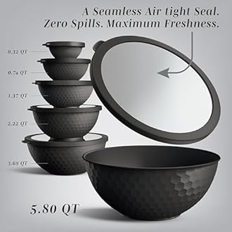 COOK WITH COLOR Mixing Bowls with Lids - 12 Piece Plastic Nesting Bowls Set includes 6 Prep Bowls and 6 Lids, Non Slip Bottom and Embossed Design - Microwave Safe (Black)