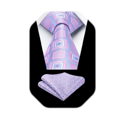 Image of HISDERN Ties for Men Formal Business Plaid Checked Mens Ties and Pocket Square Set Classic Wedding Necktie Handkerchief