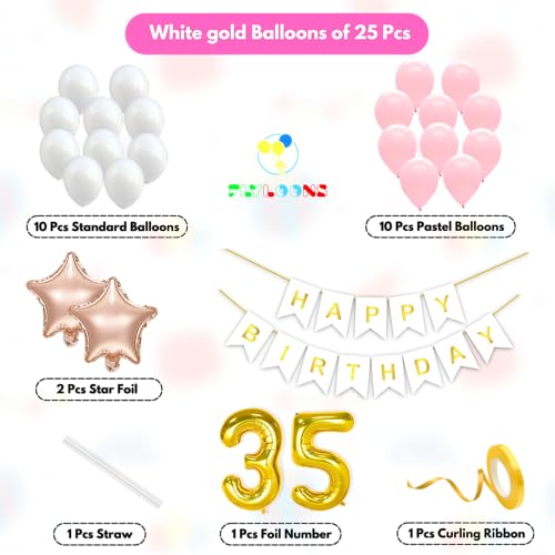 Image of Flyloons 35th Happy Birthday Decoration Kit Pink White for Boys Girls Men Women Adults With 20 Pcs Pastel Balloons Birthday Banner 2 Pcs Star Items Set