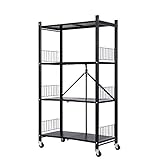 Foldable Storage Shelves Unit, 4-Tier Folding Shelf Shelving Rack Organizer Cart with Rolling Wheels for Temporary or Mobile Storage in Kitchen Warehouse Patio Pantry Basement ( Black, 4-Tier)