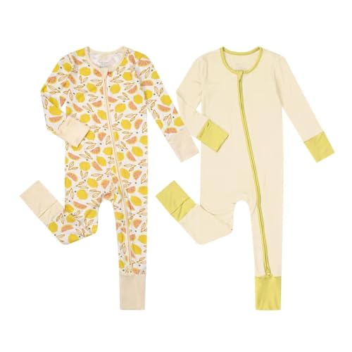 Image of Teach Leanbh Unisex Baby 2 Pack Bamboo Viscose Pajamas with Mittens and Feet Cuffs 2 Way Zipper Long Sleeve Romper
