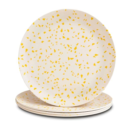 Nook Theory 4 Pack Reusable Bamboo Plates - Non-Toxic Toddler and Kids Plate, Dishwasher Safe, Not Microwavable Dinnerware (Terrayellow 10") by Nook Theory - Used condition - US$20.52