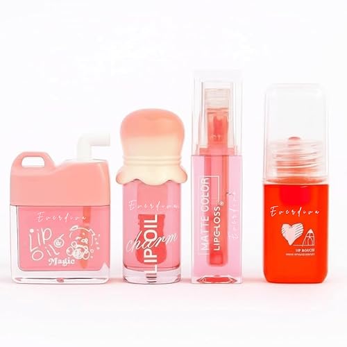 Image of Mini Lip Gloss Combo Set of 4 - Cute Heart, Candy, Toffee & Bottle Shapes | pH Color Changing Lip Tint | Natural Pink Shine | Flavored Gloss Gift for Women & Girls (Lip Gloss Combo 3)