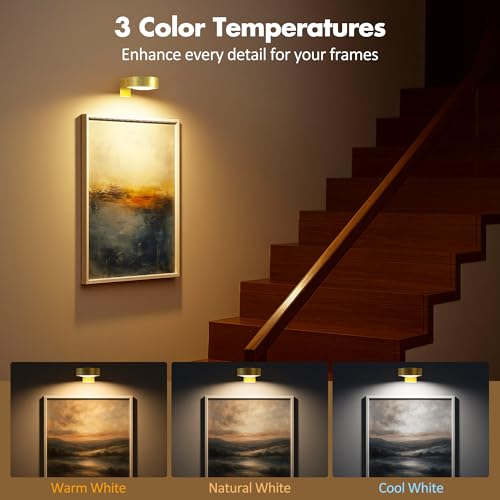 3pcs battery operated picture light magnetic led painting light with remote dimmable and timer 3 lighting modes art display light for picture frame paintings wireless wall decor puck lights gold