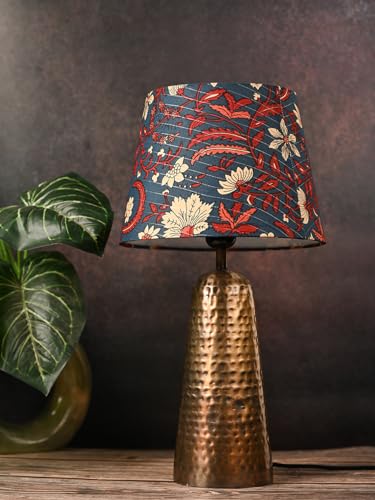 Image of Green Girgit Golden Hammered V-Shaped Lamp with Taper Muticolor Blue Shade | Galvanized Iron Bedside Night & Reading Table Lamp | Metal Handcrafted | Home & Living Room Decor Item