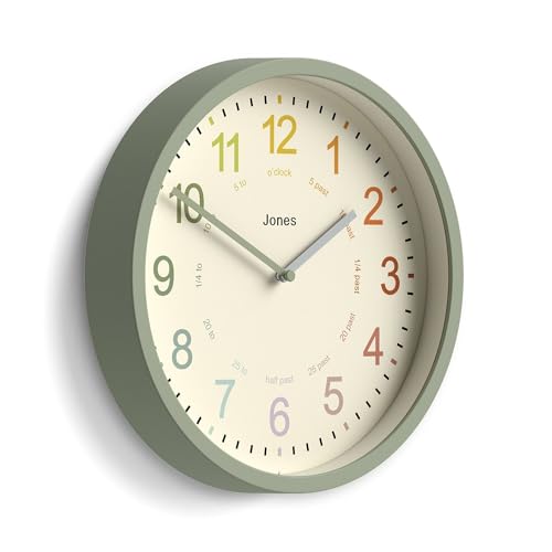 JONES CLOCKS Kids wall Clock | Small Modern Childrens Nursery Clock | 10 | Sage Green | Colourful dial for Learning to Tell the time