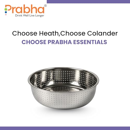 Image of Prabha Colander Stainless Steel Strainer Sieves 30cm | Kitchen Strainer with Handle-Essential Kitchen | Colanders Bowl, Basket | Colander for Rice Straining Washing Fruits, Vegetables, Silver