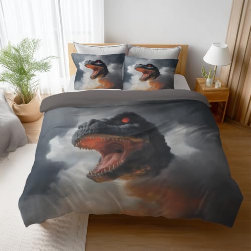 Juego de Ropa de Cama con diseño de Fantasía Estilo Tokusatsu Dinosaurio Monstruo, Microfibra Cepillada Funda nórdica Gris bruma, Juego de Funda Edredon 135 x 200 cm y 1 Funda de Almohada 50 x 75