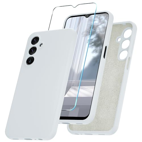 YENAPOON for Samsung Galaxy A15 5G Case, Silicone Phone Case with 1 Screen Protector, Soft Anti-Scratch Microfiber Lining, Full Body Shockproof Slim Cover, White