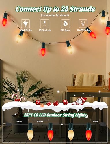 Image of 25Ft LED C9 Red and White Christmas Lights Outdoor, C9 Vintage Christmas Lights with 26 LED Red and White Bulbs, Hanging Outdoor String Lights for Patio Outside Holidays Party Xmas Roofline Wedding