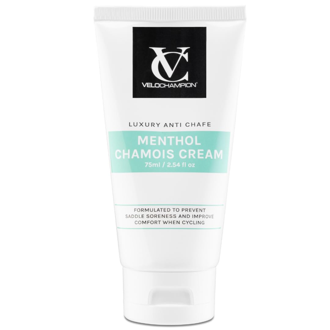 VeloChampion Feuchtigkeitsspendende Chamois Creme mit Menthol, 75 ml | Unterstützt Sattelkomfort & Oberschenkelschutz – Vegane, kühlende Anti-Scheuer-Creme für Radfahrer & Sportler
