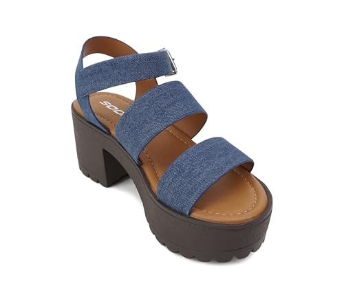 Image of Soda ACCOUNT ~ Women Open Toe Two Bands Lug sole Fashion Block Heel Sandals with Adjustable Ankle Strap