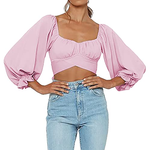 Women's Puff Long Sleeve Strapless Crop Top Off Shoulder Tie