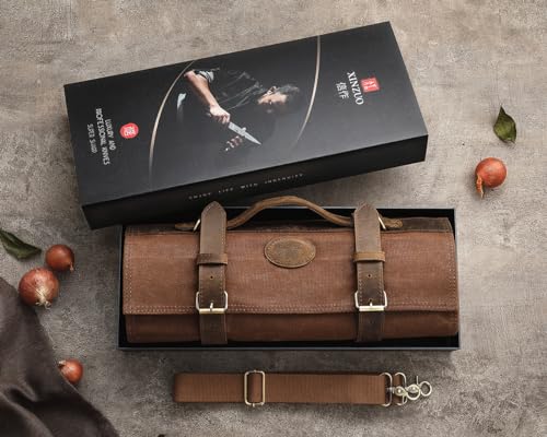 XINZUO Chef Knife Roll Bag-16oz Waxed Canvas and Crazy Horse Leather -with 12 Slots Plus 2 Zipper Pockets to Hold Kitchen Knife Cooking Tools- with Adjustable Shoulder Strap(Bag Only) by XINZUO - Image 7