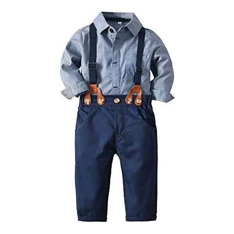 Tem Doger Baby Boy Casual Suit 2pcs Cotton Long Sleeve Solid Blue Romper Shirt Pant with Suspenders Clothing Set Outfit (90/18-24 Months) Cover