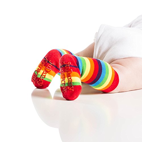 juDanzy Tall Knee High Rainbow Socks with Grips for Baby, Toddler, and Child (0-6 Months, Classic Rainbow Stripes)