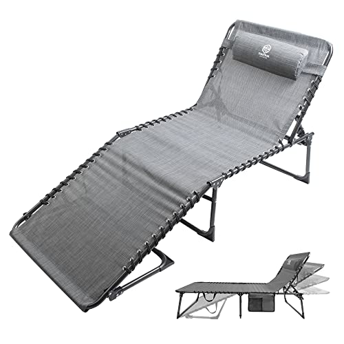 Coastrail Outdoor Opvouwbare Chaise Lounge Compact Lounge Chair 4 Position Recline, Patio Lounge met zakken en kussen voor comfort, breed ontwerp voor strand, bruinen, gazon, ondersteunt tot 400 lbs, grijs