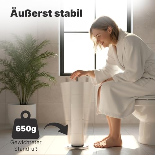Minismus Toilettenpapierhalter stehend mit beschwerter Basis für kippsicheren Stand, Toilettenpapierständer aus Edelstahl, bietet Platz für bis zu 5 Ersatzrollen für bequemen Zugriff (Silber)