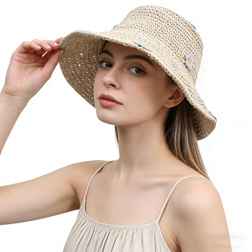 MILAKOO Straw Bucket Sun Hat Floral Decoration Wide Brim Summer