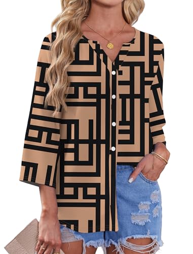 Image of OFEEFAN Button Down Shirts for Women 3 /4 Length Sleeve Tops V Neck Blouses Business Casual Outfits Loose Fit