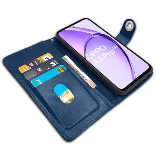 Image of Pikkme Flip Cover Leather Finish | Inside TPU with Card Pockets | Wallet Stand and Shock Proof | Complete Protection Button Flip Case for Oppo A3 Pro 5G (Blue)
