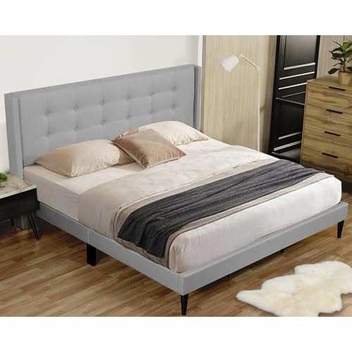PrimeZone King Size Bed Frame - Modern Platform Bed Frame with Wingback Tufted Headboard, Linen Fabric Upholstered Bedroom Bedframe with Strong Wooden Slats, No Box Spring Needed, Grey Grey