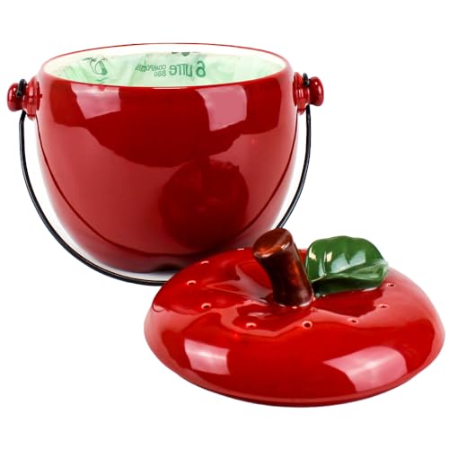 Red Apple Ceramic Compost Caddy/Kitchen Food Waste Bin (3.5 Litre) & 1 x Filter Pack